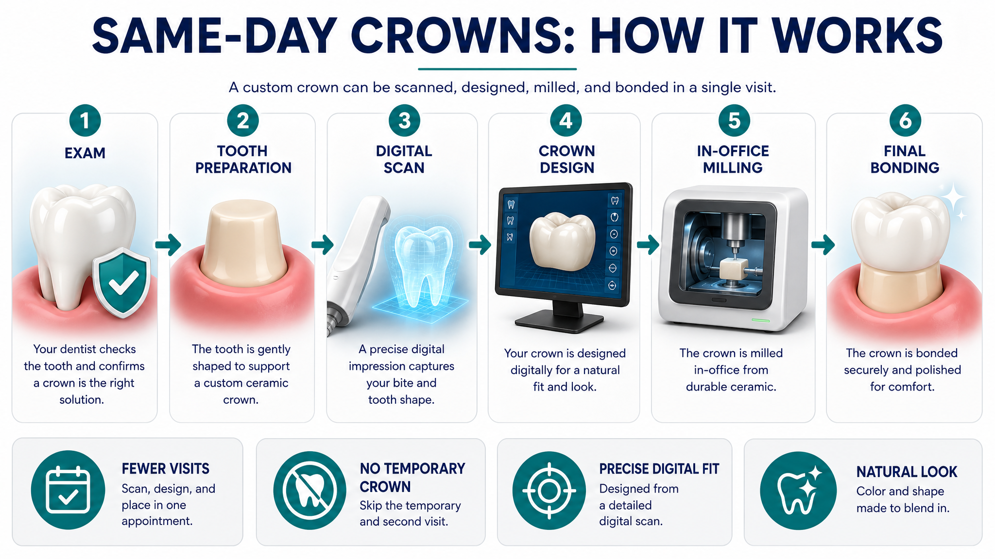 Same-day crowns how it works dental infographic